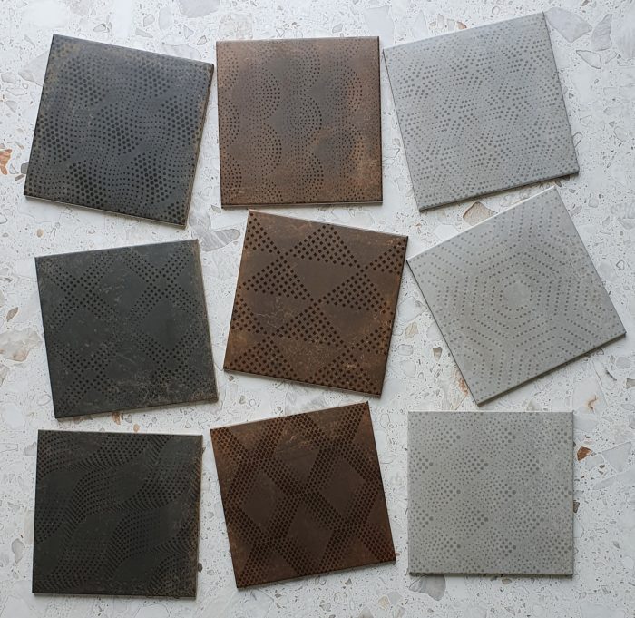 Industrial_Silver_Copper_Black_200x200_made_in_spain_porcelain_floor_tile_encaustic_look_decor_designer_mitcham_tile_centre_melbourne_tiles